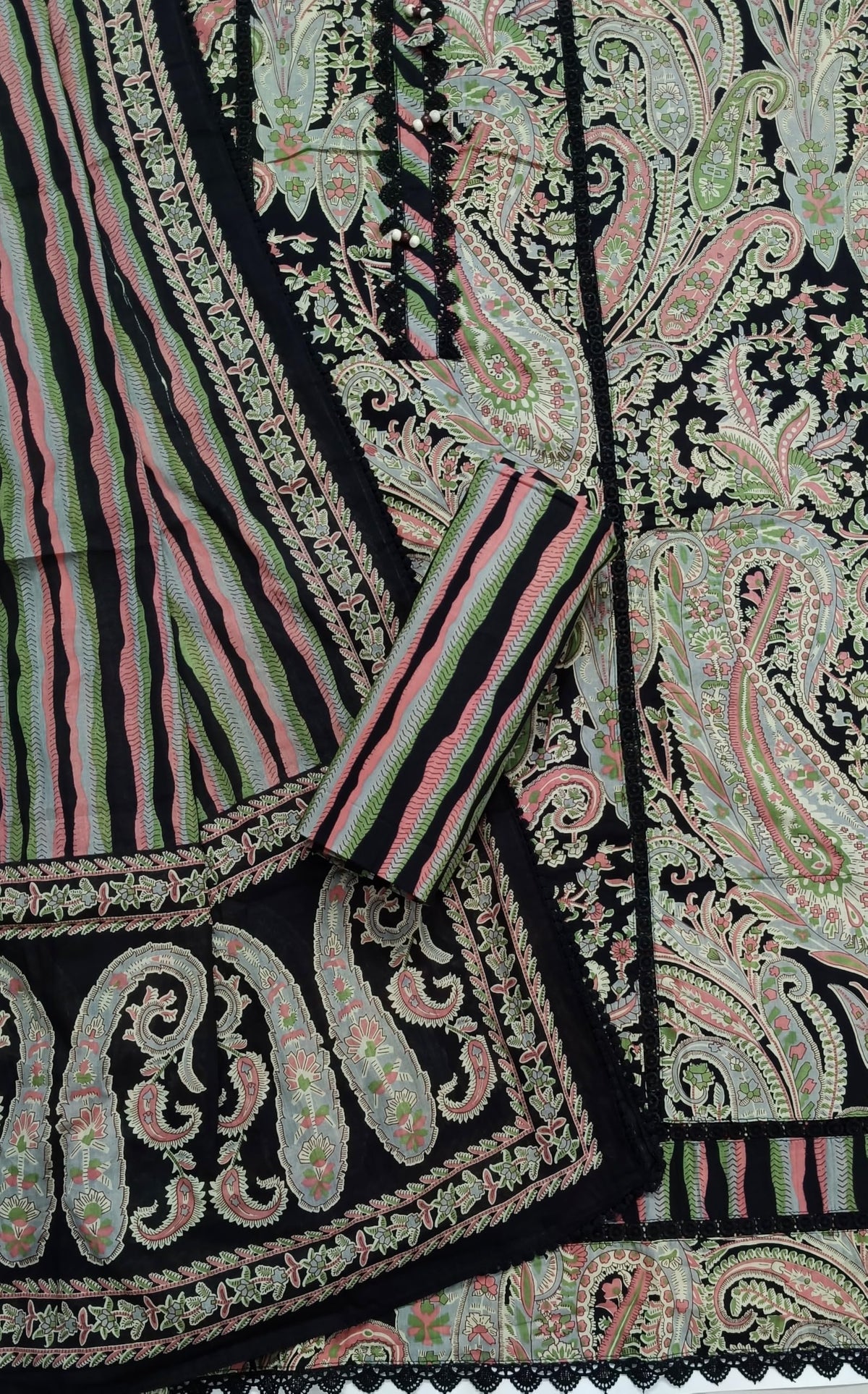 DRAVINAM Trends Women's Pure Cotton Geometric Handblock Printed Unstitched Salwar Suit Dress Material with Mirror Work Neck & Mulmul Dupatta (Black)