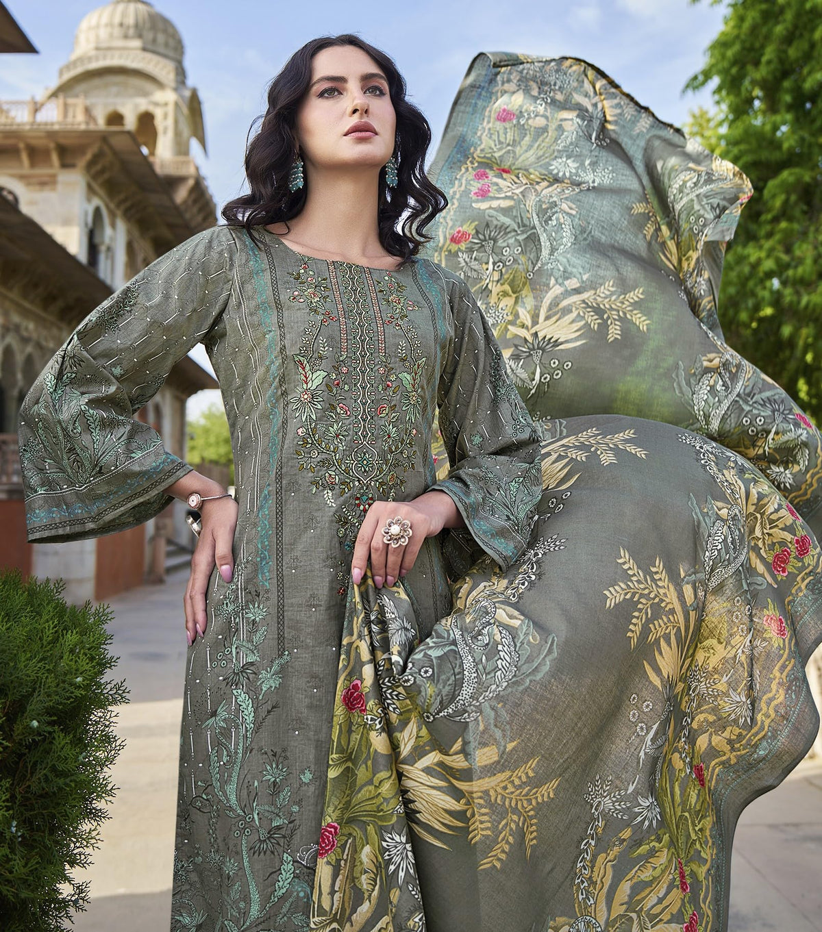 DRAVINAM Trends Women's Stitched Pakistani Print Embroidered Pure Cotton Pant Suit Set with Cotton Printed Dupatta (XL)