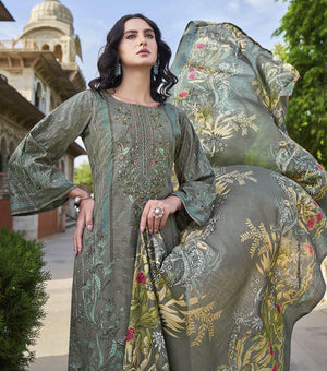 DRAVINAM Trends Women's Stitched Pakistani Print Embroidered Pure Cotton Pant Suit Set with Cotton Printed Dupatta (XL)