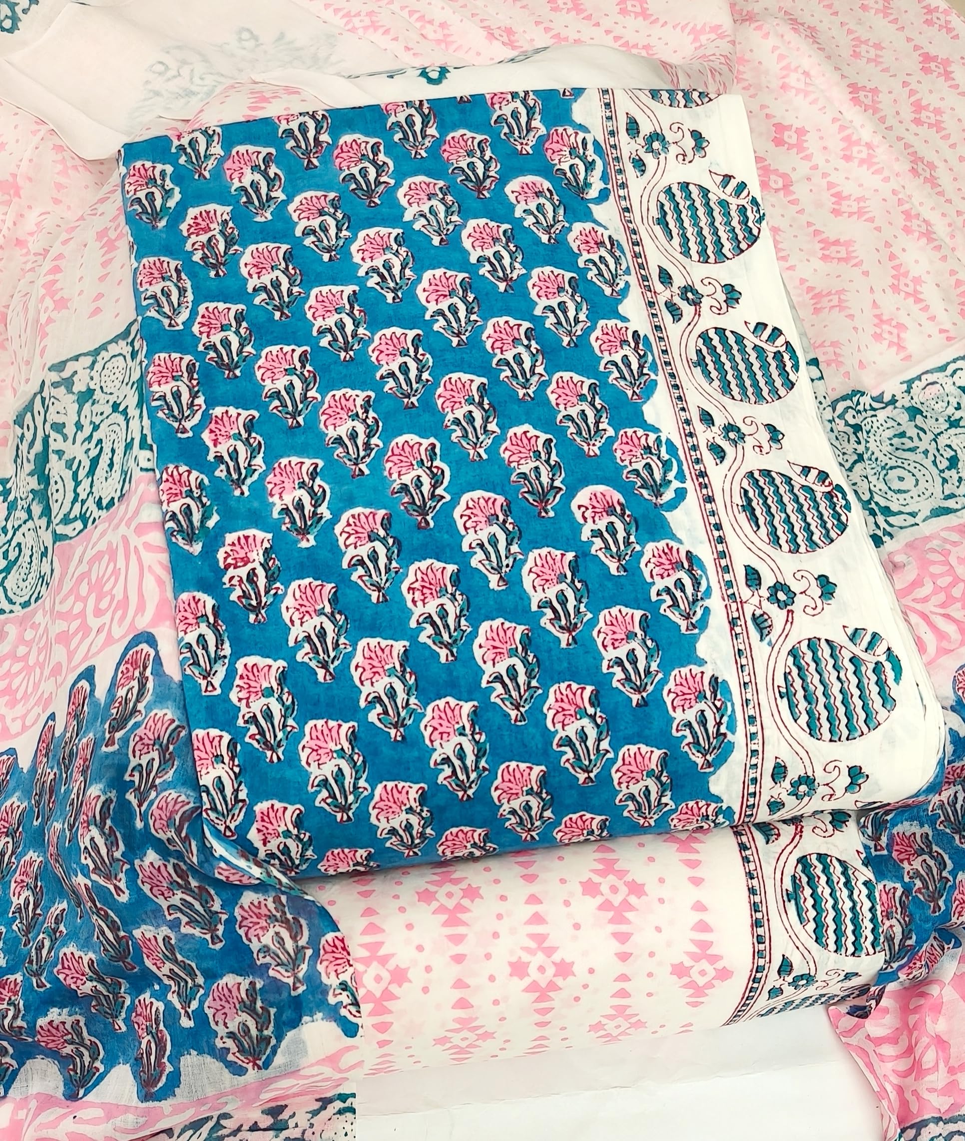 DRAVINAM Trends Hand Block Print Jaipuri Cambric Unstitched Cotton Suit Dress Material for Women with Mulmul Cotton Hand Printed Dupatta