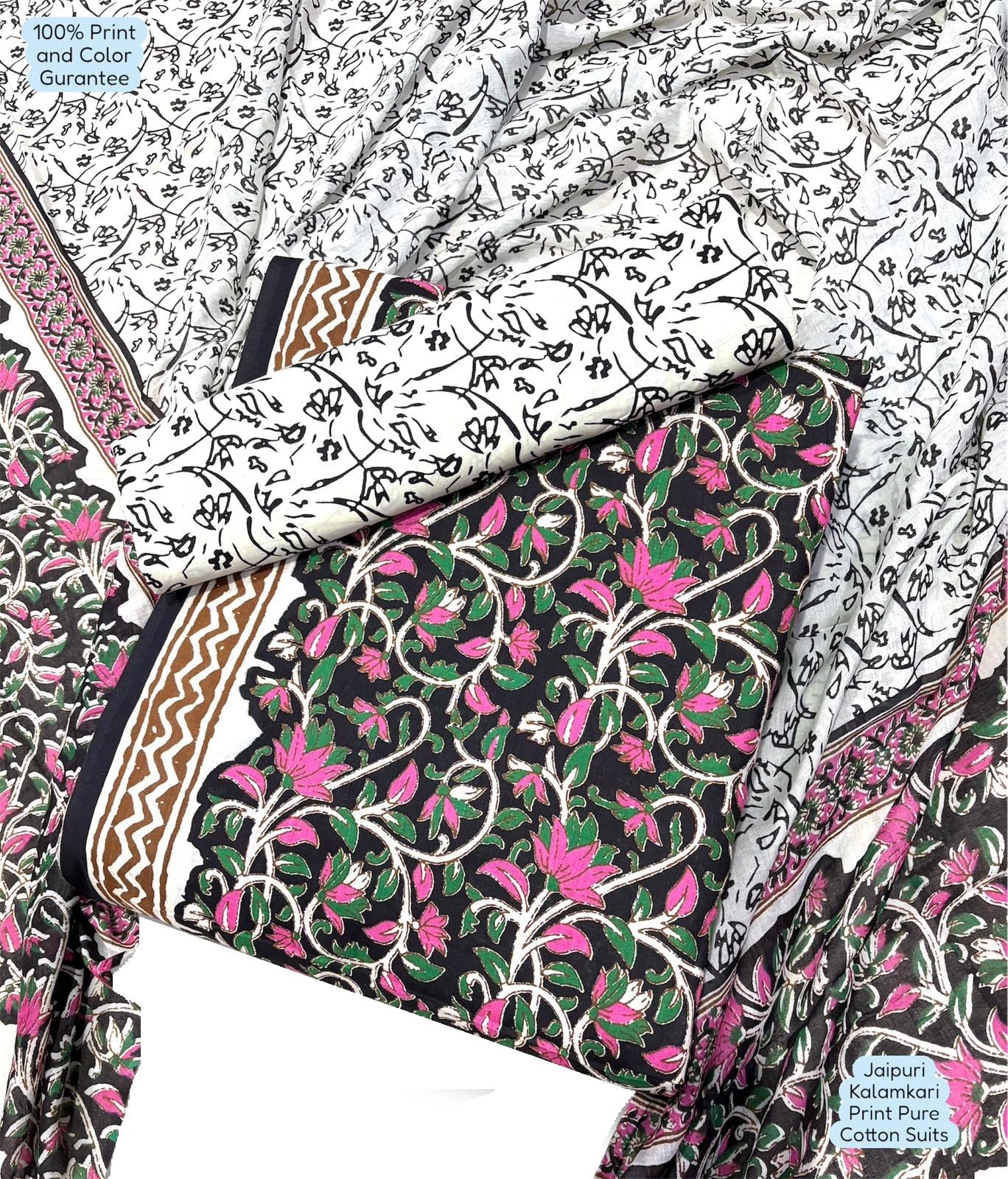DRAVINAM Trends Unstitched Jaipuri Handmade Traditional Kalamkari Print Soft Cotton Dress Material with Cotton Dupatta