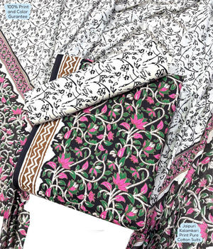DRAVINAM Trends Unstitched Jaipuri Handmade Traditional Kalamkari Print Soft Cotton Dress Material with Cotton Dupatta