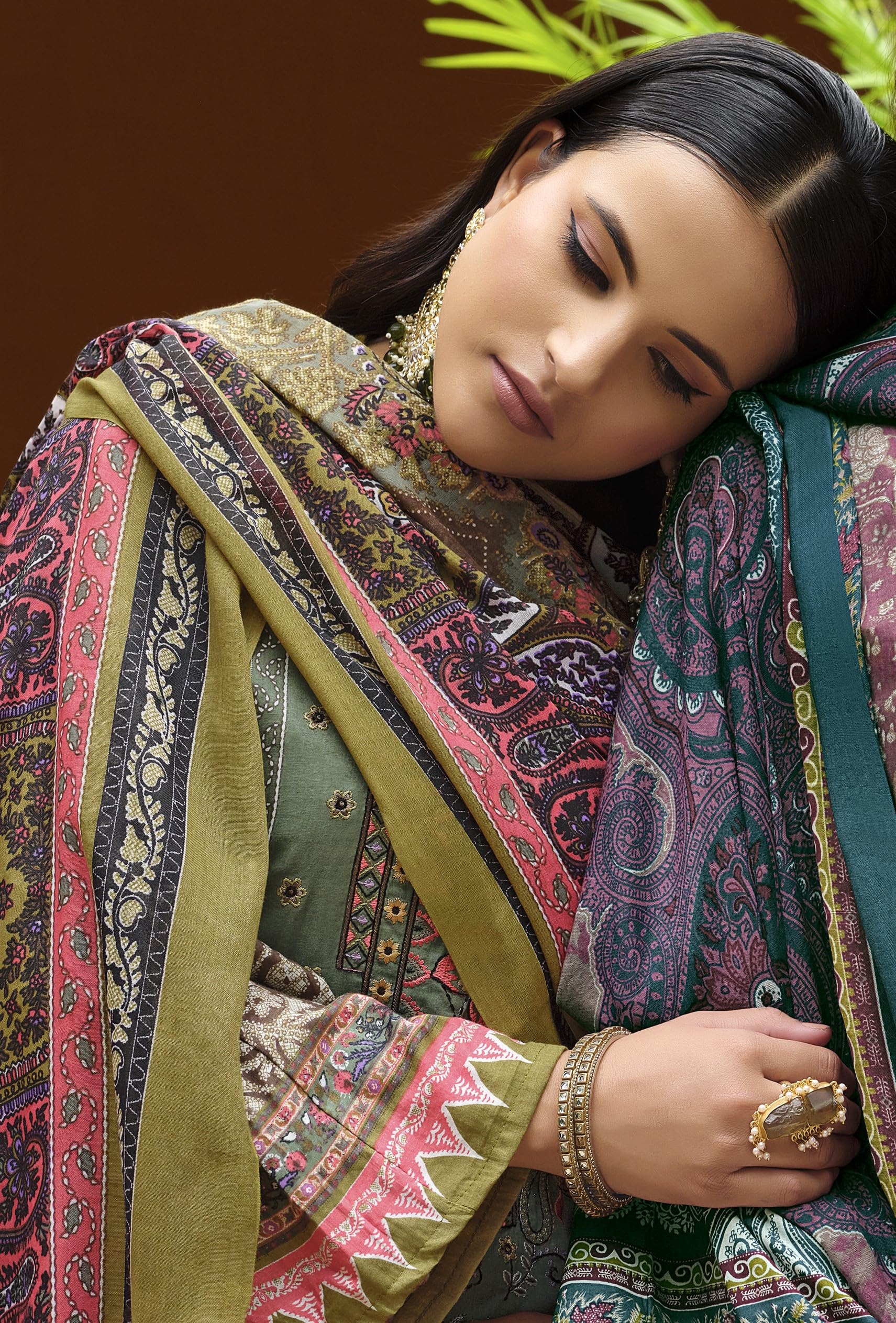 DRAVINAM Trends Unstitched Pakistani Print Embroidered Cotton Salwar Suit Dress Materials with Cotton Printed Dupatta