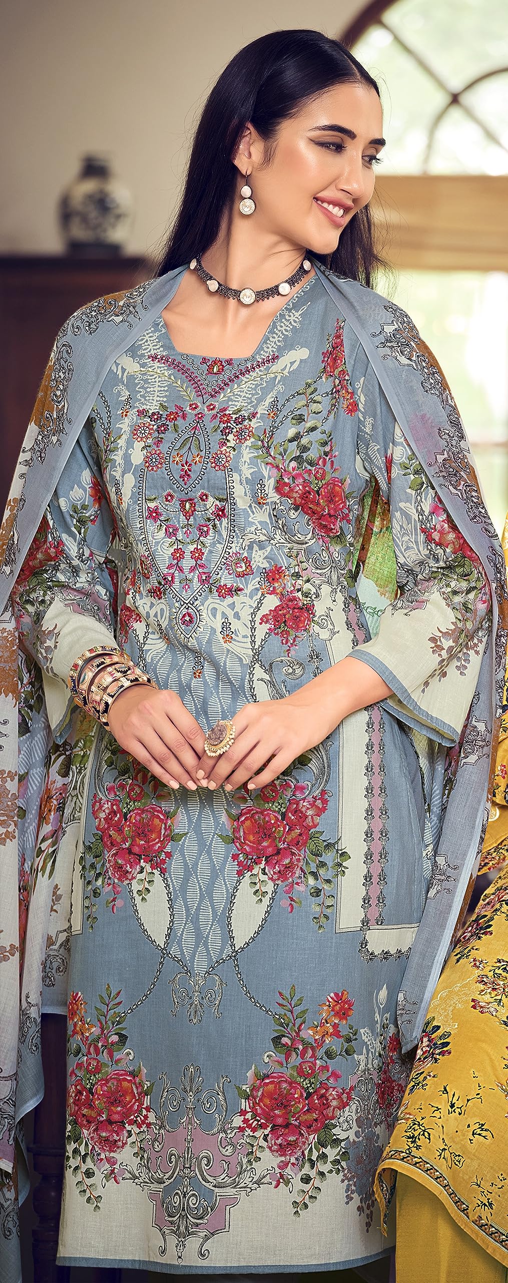 DRAVINAM Trends Unstitched Cotton Suit Pakistani Print Embroidered Dress Materials with Cotton Dupatta
