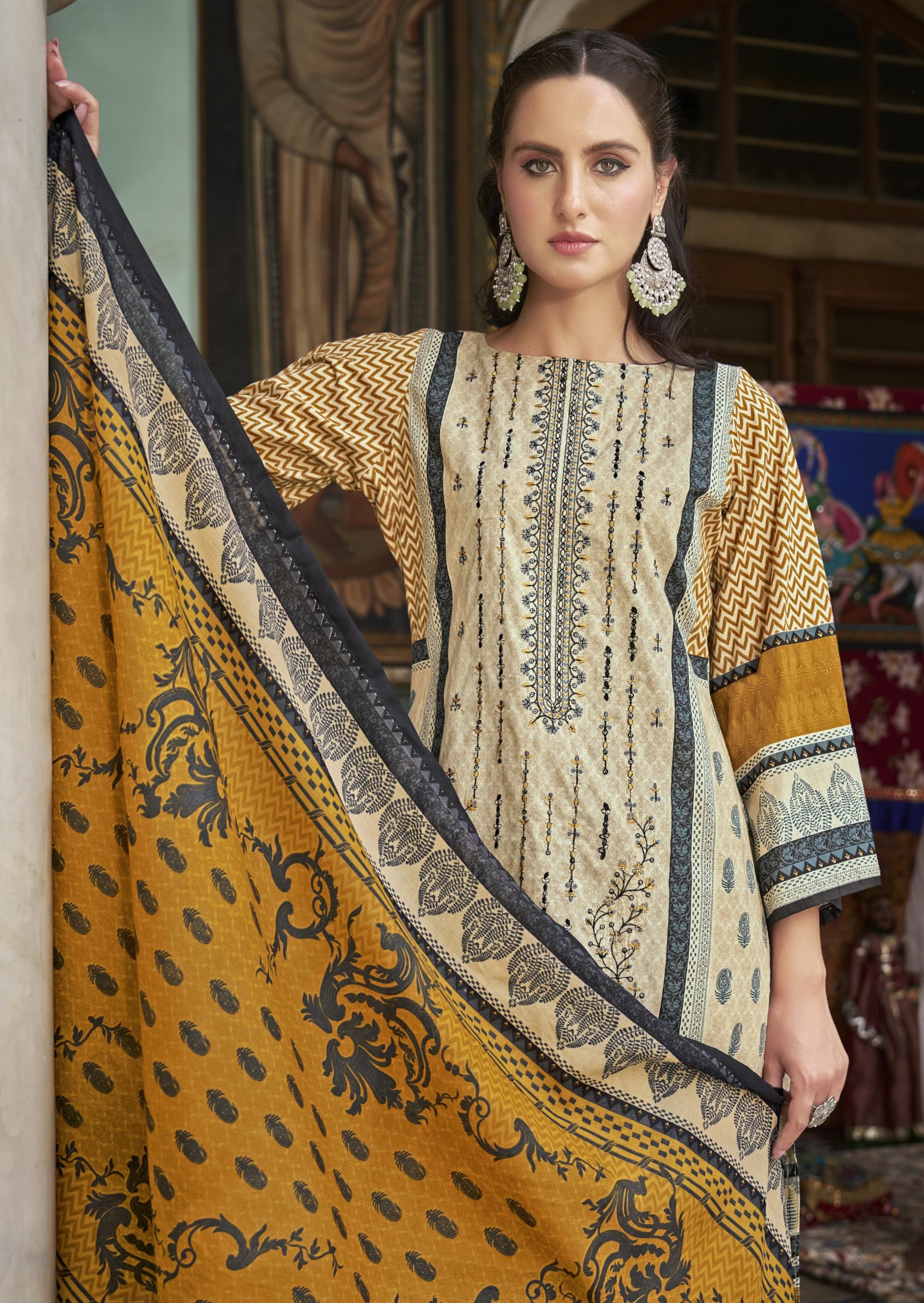 DRAVINAM Trends Unstitched Karachi Lawn Cotton Pakistani Digital Printed Embroidered Suit Dress Material with Unstitched Bottoms and Cotton Dupatta