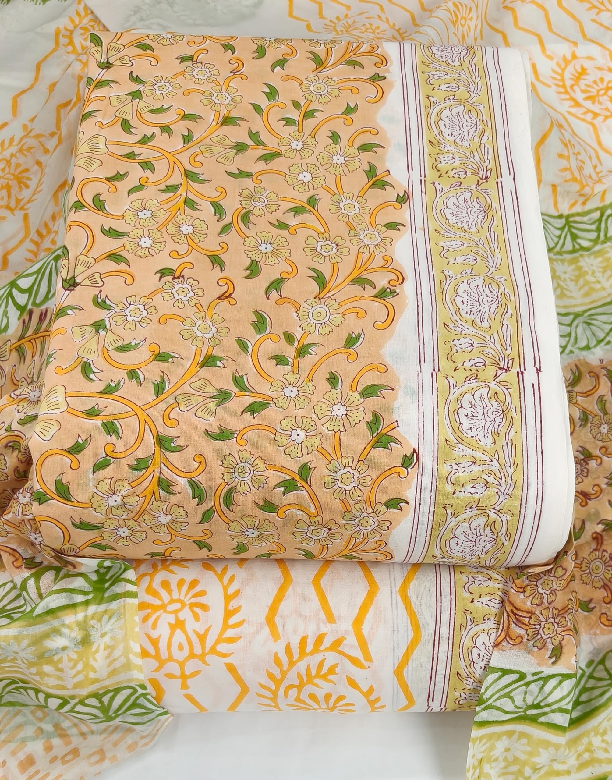 DRAVINAM Trends Hand Block Print Sanganeri Cambric Unstitched Cotton Suit Dress Material for Women with Mulmul Cotton Hand Printed Dupatta