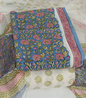DRAVINAM Trends Hand Block Print Pure Cambric Cotton Unstitched Suit Material with Chiffon Hand Printed Dupatta