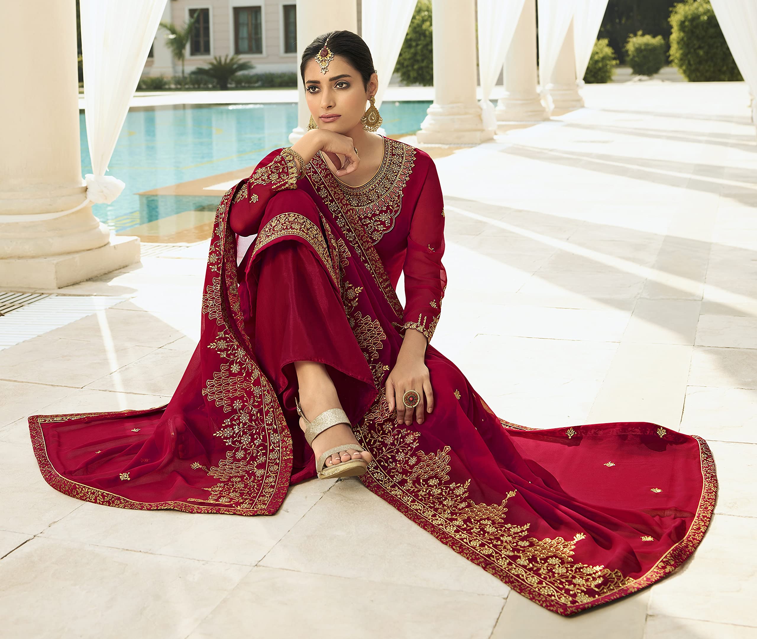 DRAVINAM Trends Women's Heavy Embroidered Pure Georgette Sharara Salwar Suit Dress Material with Heavy Embroidered Pure Georgette Dupatta (Free size_Maroonish red)