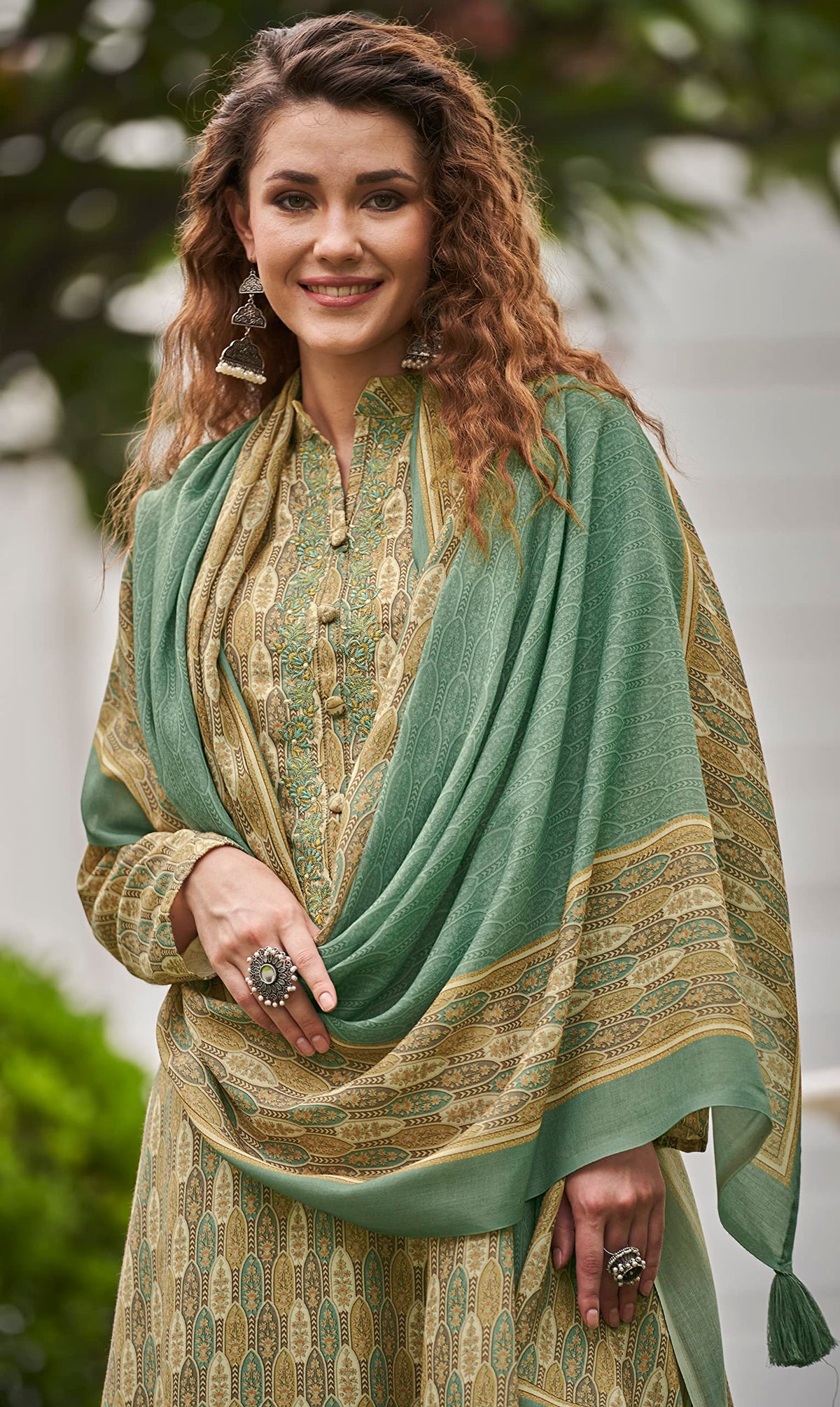DRAVINAM Trends Women's Pure Pashmina wool Digital Print Fancy Embroidery Work Warm Salwar Kameez Dress Material with Pure Woollen Pashmina Printed Woven Shawl Dupatta (Green)
