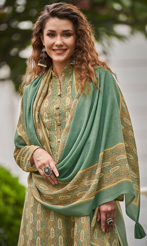 DRAVINAM Trends Women's Pure Pashmina wool Digital Print Fancy Embroidery Work Warm Salwar Kameez Dress Material with Pure Woollen Pashmina Printed Woven Shawl Dupatta (Green)