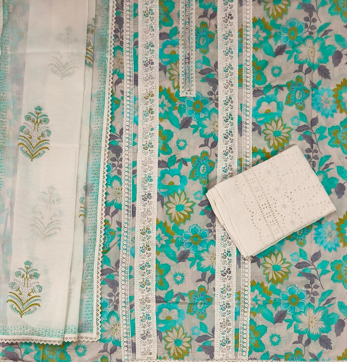 DRAVINAM Trends Women's Pure Cotton Floral Print Suit Set with Chikankari Palazzo & Mulmul Dupatta