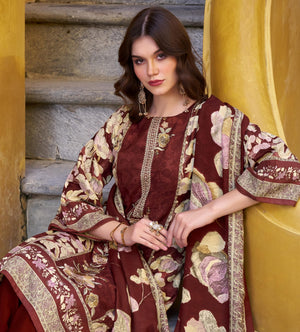 DRAVINAM Trends Women's Winter wear unstitched Printed Woollen Pashmina Embroidery Work Unstitched Salwar Suit Dress Material with Pashmina Printed Shawl Dupatta