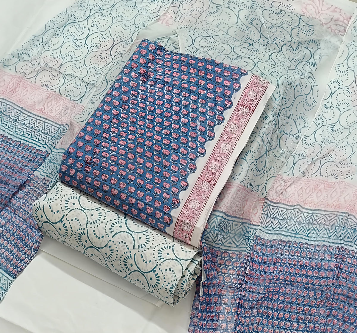 DRAVINAM Trends Hand Block Print Pure Cambric Cotton Unstitched Suit Material with Chiffon Hand Printed Dupatta