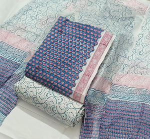 DRAVINAM Trends Hand Block Print Pure Cambric Cotton Unstitched Suit Material with Chiffon Hand Printed Dupatta