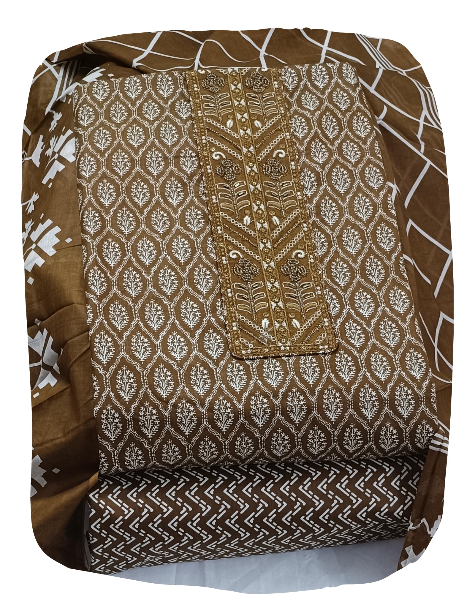 DRAVINAM Trends Women's Premium Cotton Jaipuri Printed Embroidered and Hand Work Unstitched Salwar Suit Dress Material with Mulmul Cotton Dupatta