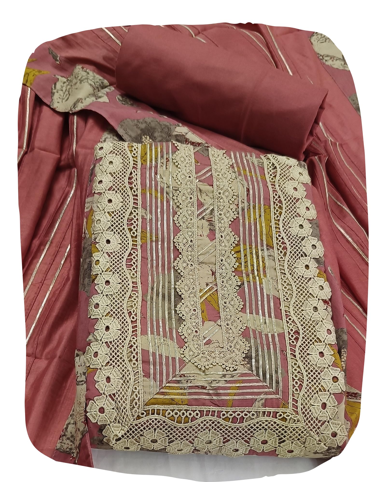 DRAVINAM Trends Unstitched Floral Print Premium Cotton Suit Dress Material with Gota and Lace work for Women with Soft Silk Embellished Dupatta