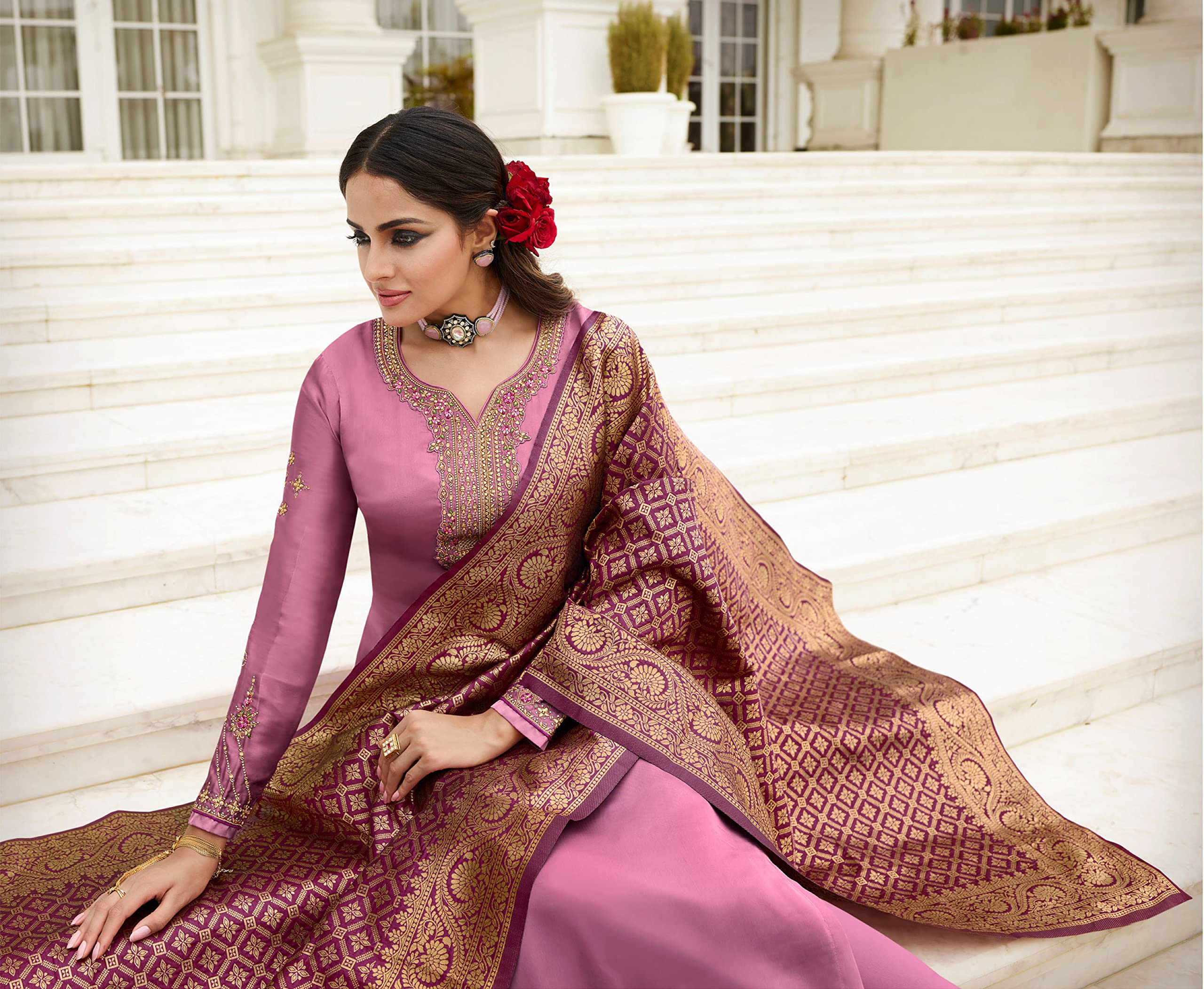 DRAVINAM Trends Women's Satin Georgette Zari Embroidered Chudidaar Suit Dress Material with Pure Banarasi Heavy Woven Dupatta (With Inner) (Free size_Pink)