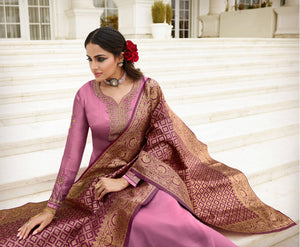 DRAVINAM Trends Women's Satin Georgette Zari Embroidered Chudidaar Suit Dress Material with Pure Banarasi Heavy Woven Dupatta (With Inner) (Free size_Pink)
