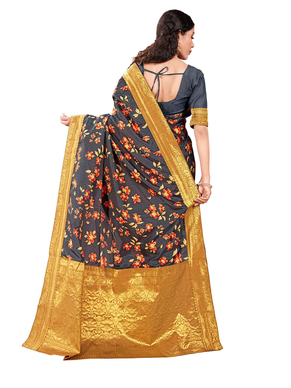 DRAVINAM Trends Printed silk saree with Jacquard Border and Blouse Piece (Dark Grey)
