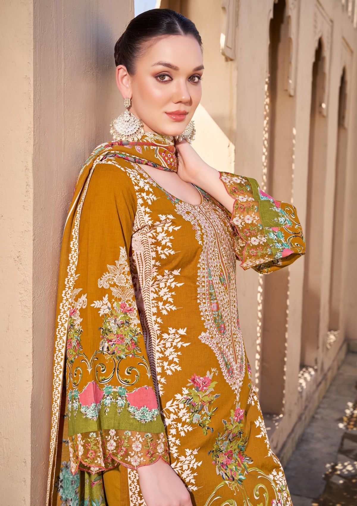 DRAVINAM Trends Women's Unstitched Salwar Suit Dress Material - Pure Cambric Cotton Pakistani Print Embroidered Kameez II Pure Cotton Bottoms II Pure Cotton Dupatta