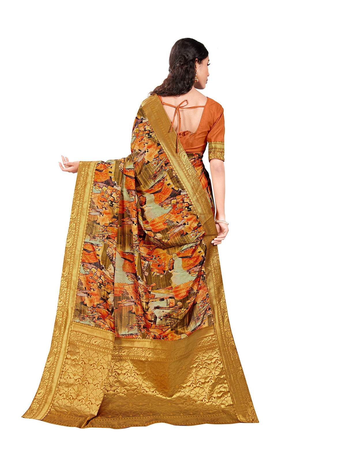 DRAVINAM Trends Printed silk saree with Jacquard Border and Blouse Piece (Brown Orange)
