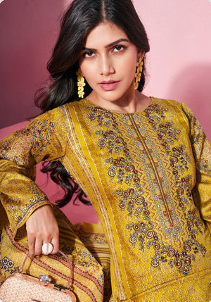 DRAVINAM Trends Women's Jam Cotton Unstitched Suit Dress Material - Pure Jam Satin Digital Print with Embroidery | Cotton Dyed Bottom | Viscose Lawn Cotton Dupatta