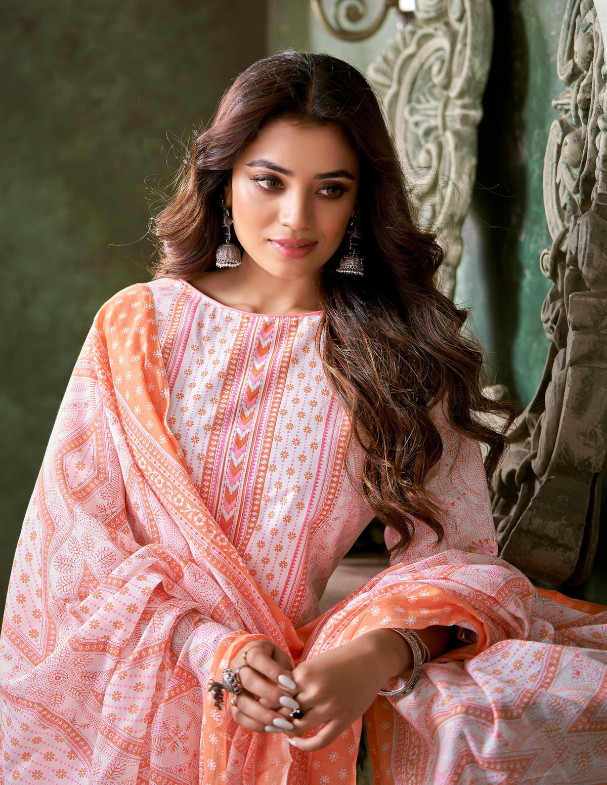 DRAVINAM Trends Pure Cotton Printed Dress Material Salwar Siroski Work Suit with Unstitched Bottoms and Cotton Dupatta