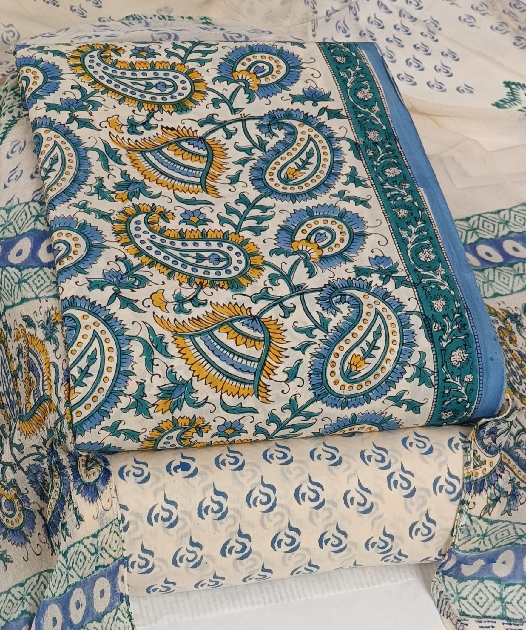 DRAVINAM Trends Hand Block Print Cambric Cotton Unstitched Salwar Suit Set for Women with Pure Chiffon Hand Printed Dupatta