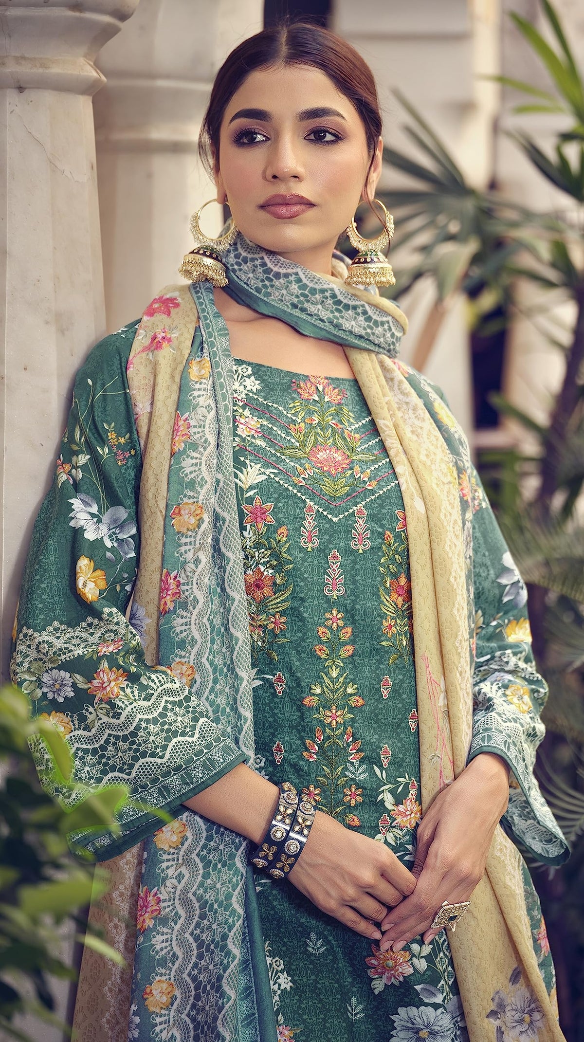 DRAVINAM Trends Unstitched Pakistani Print Embroidered Cotton Suit Dress Materials with Printed Cotton Dupatta