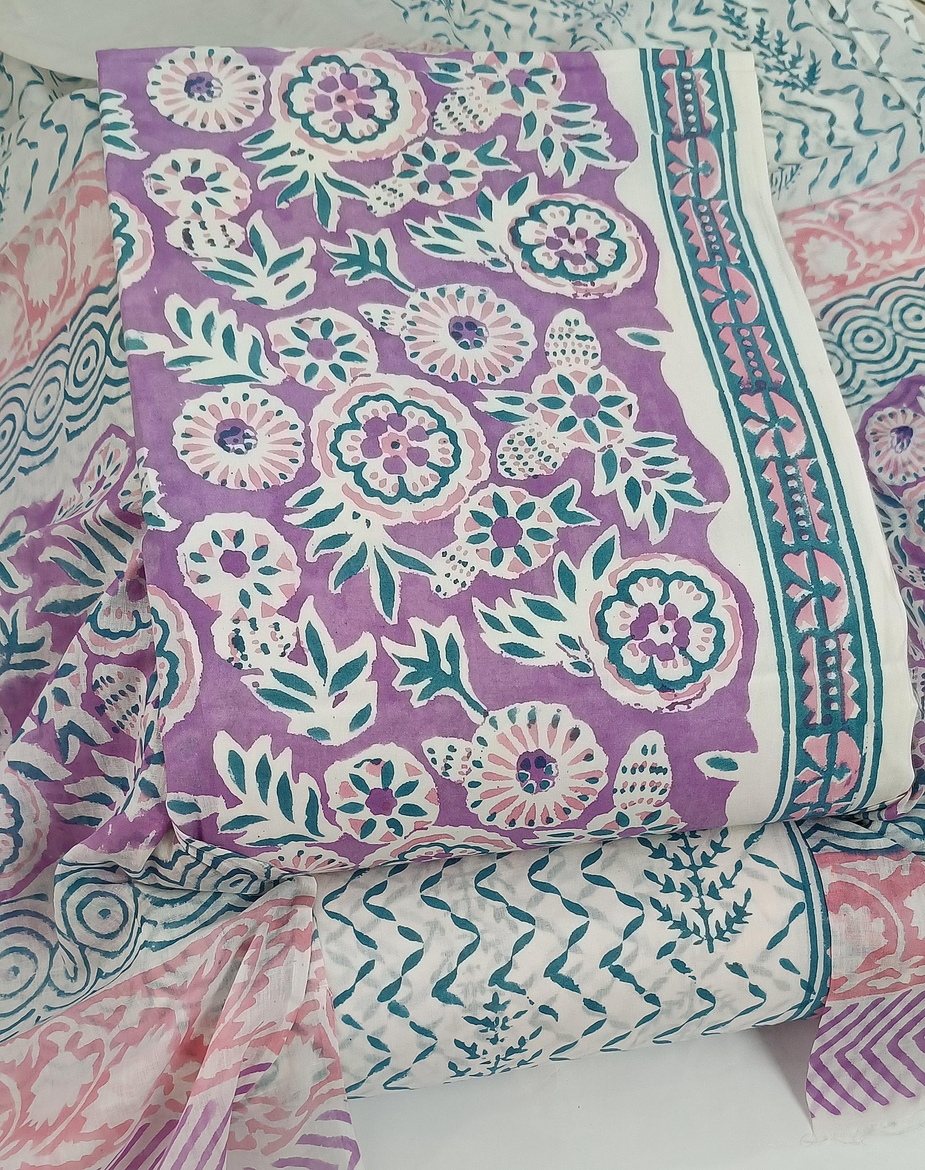DRAVINAM Trends Hand Block Dabu Print Indigo Cambric Unstitched Cotton Suit Dress Material for Women with Mulmul Cotton Hand Printed Dupatta