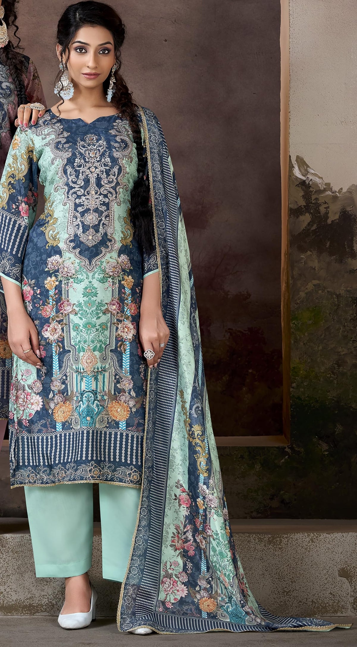 DRAVINAM Trends Pure Viscose Maslin Cotton Digital Printed Heavy Hand Embroidered Suit Dress Material with Unstitched Bottoms and Maslin Printed Dupatta