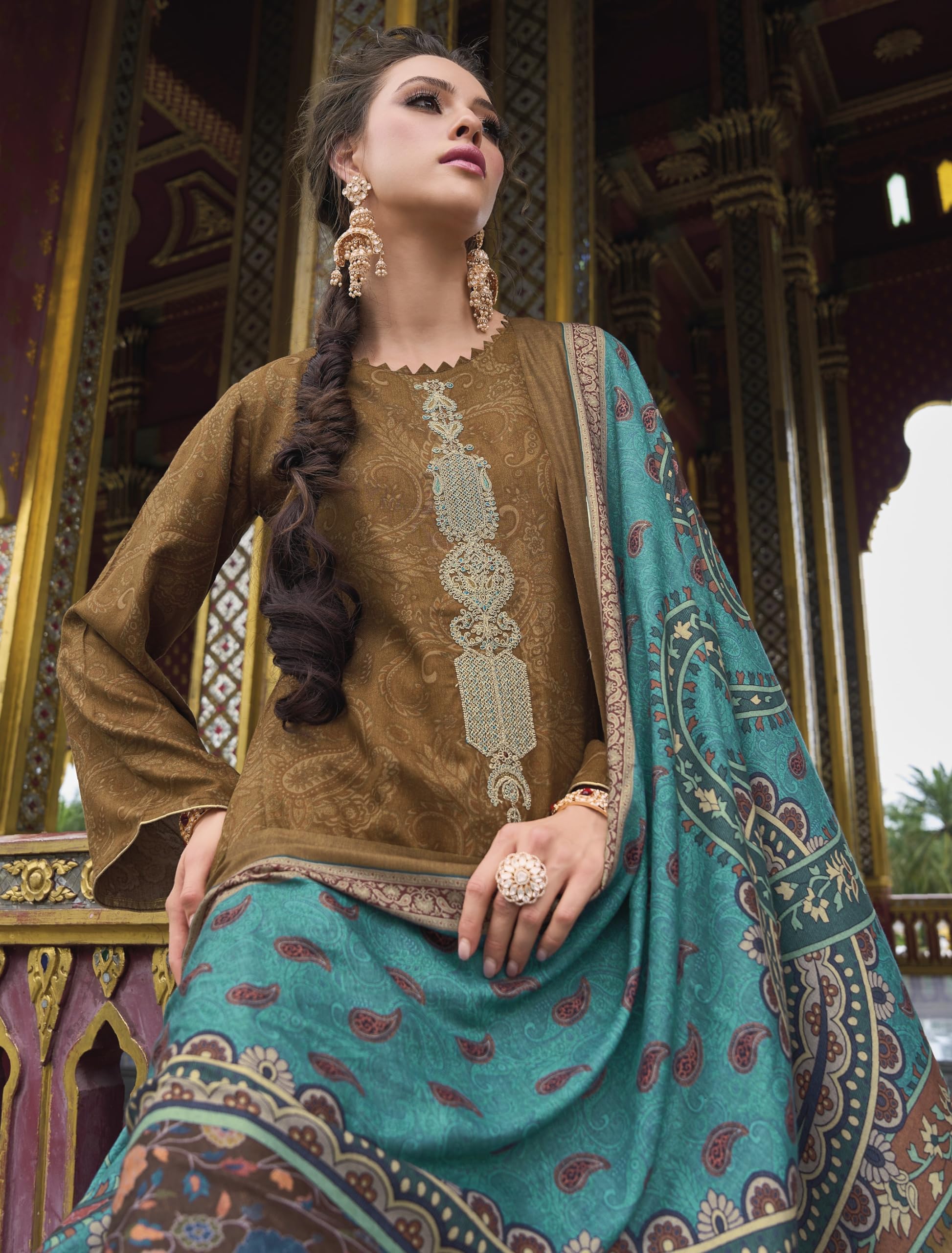 DRAVINAM Trends Women's Digital printed Zari Embroidered Pure Woolen Pashmina Unstitched Salwar suit Dress Material with Pure Pashmina Shawl Dupatta