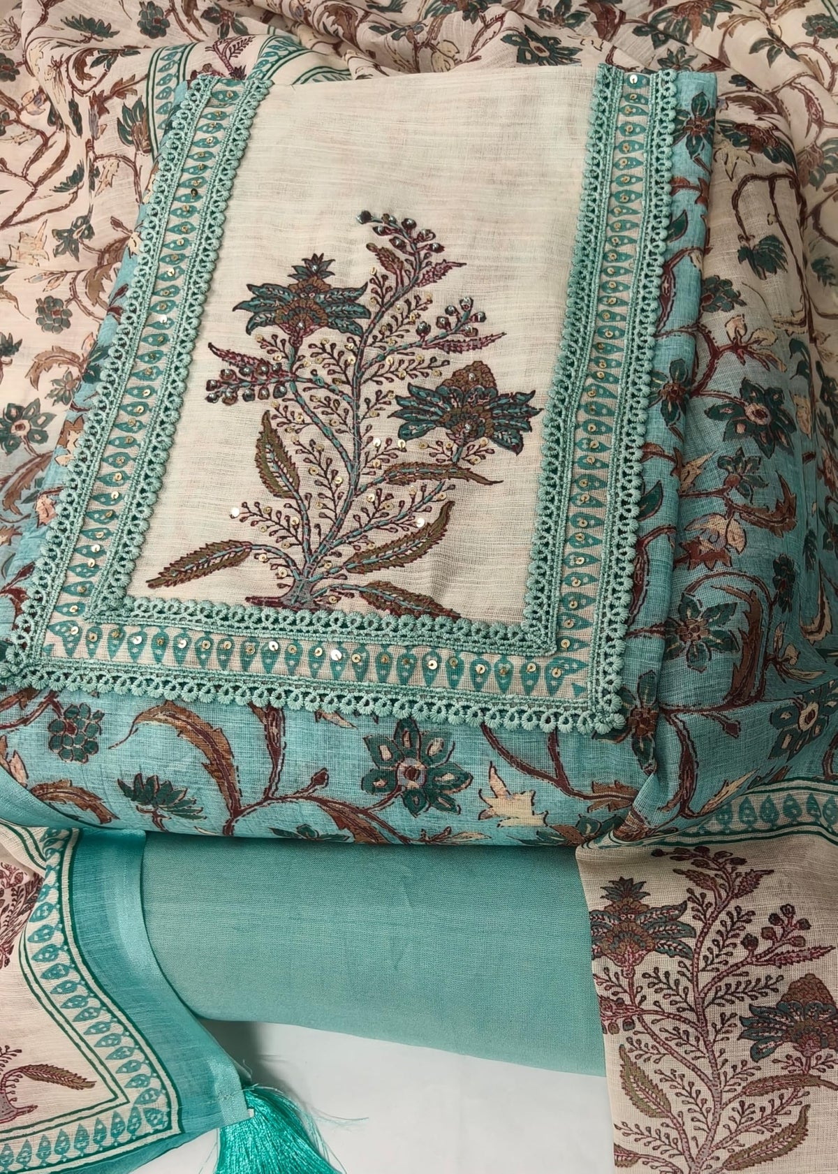 DRAVINAM Trends Women's Linen Cross-Stitch Floral Print Unstitched Salwar Suit Dress Material with Malai Cotton Bottom & Linen Dupatta