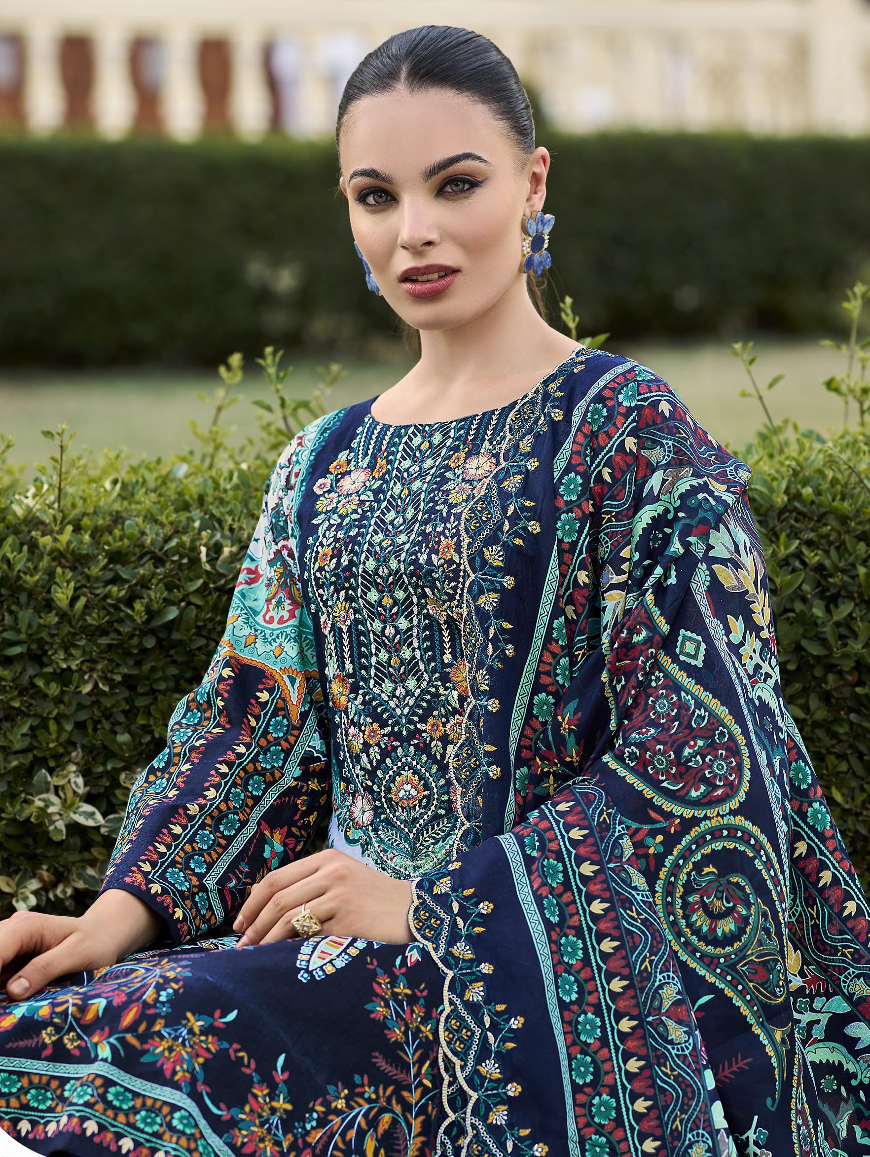 DRAVINAM Trends Women's Unstitched Pakistani Digital Print Embroidered Pure Cotton Salwar Suit Dress Materials with Cotton Embroidered Cutwork Dupatta