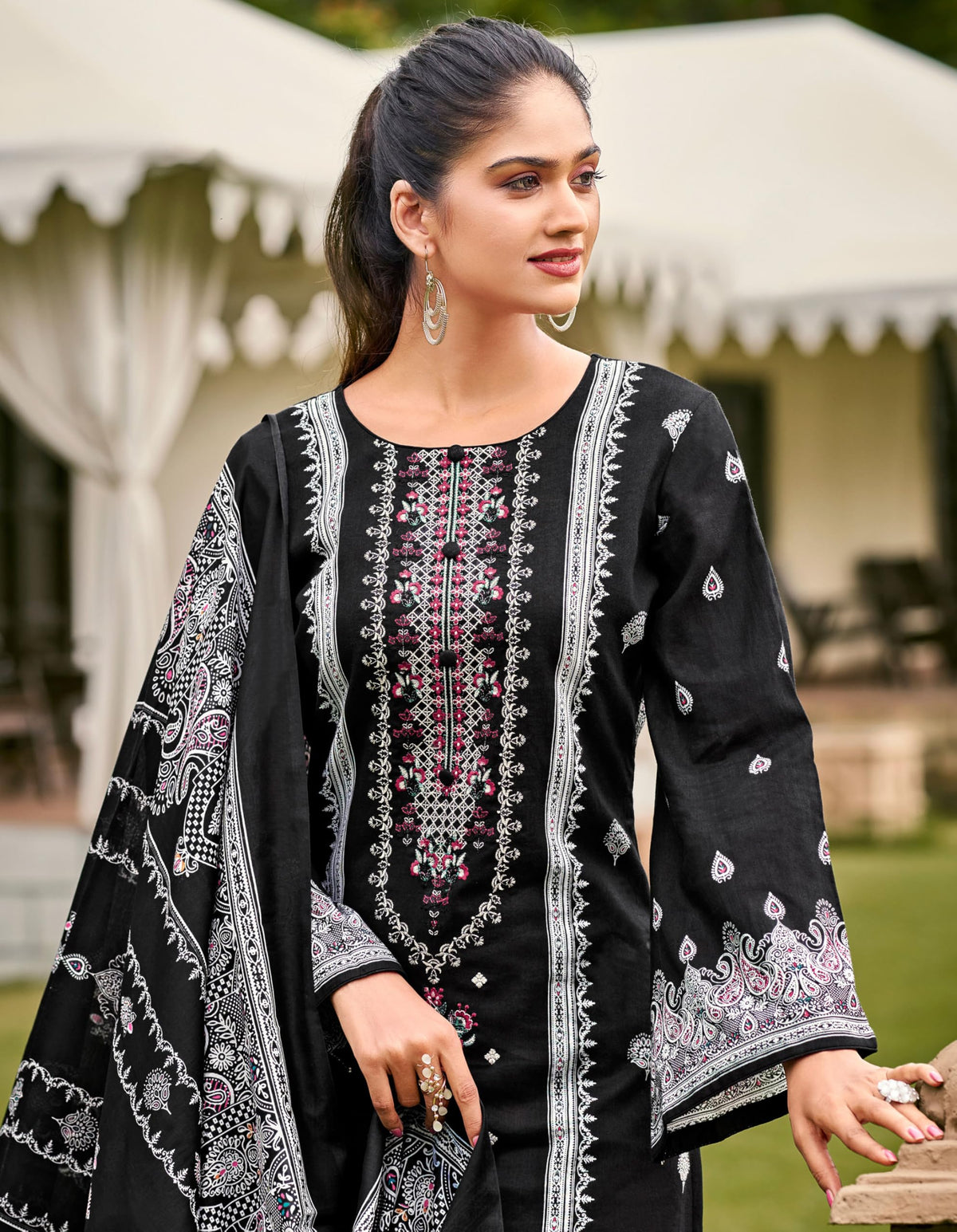 DRAVINAM Trends Women's Pakistani Print Embroidered Unstitcehd Pure Cambric Cotton Salwar Suit Dress Materials with Pure Cotton Printed Dupatta