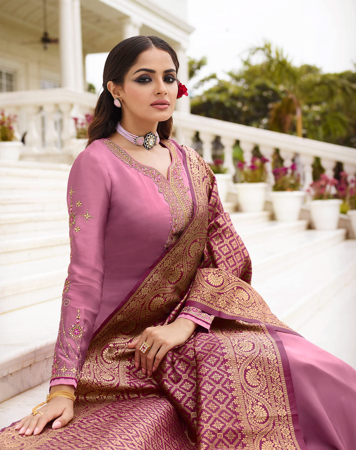 DRAVINAM Trends Women's Satin Georgette Zari Embroidered Chudidaar Suit Dress Material with Pure Banarasi Heavy Woven Dupatta (With Inner) (Free size_Pink)