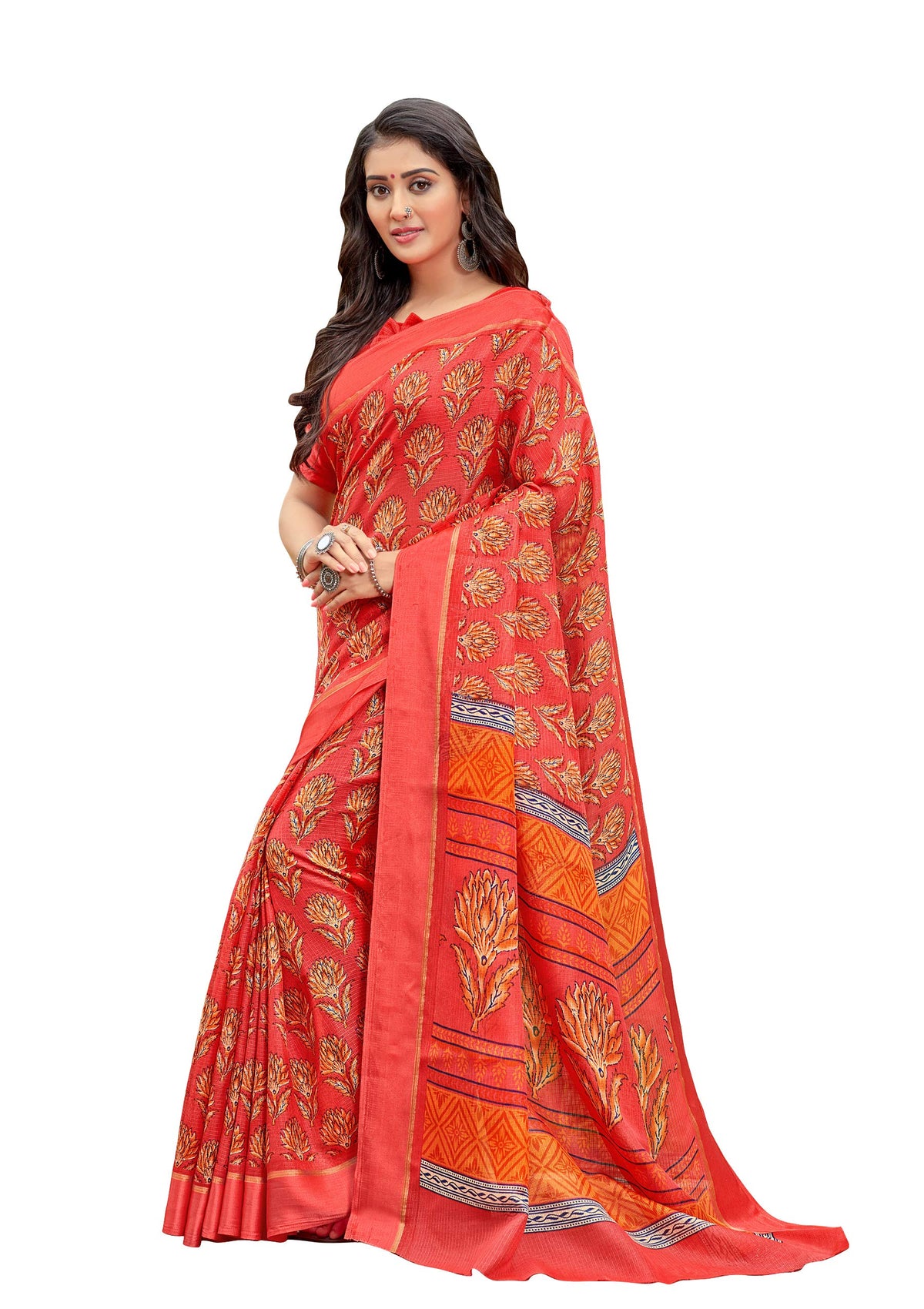 DRAVINAM Trends Women's Woven Kota Cotton Printed Check Saree with Satin Border and Blouse Piece (Dark Peach)