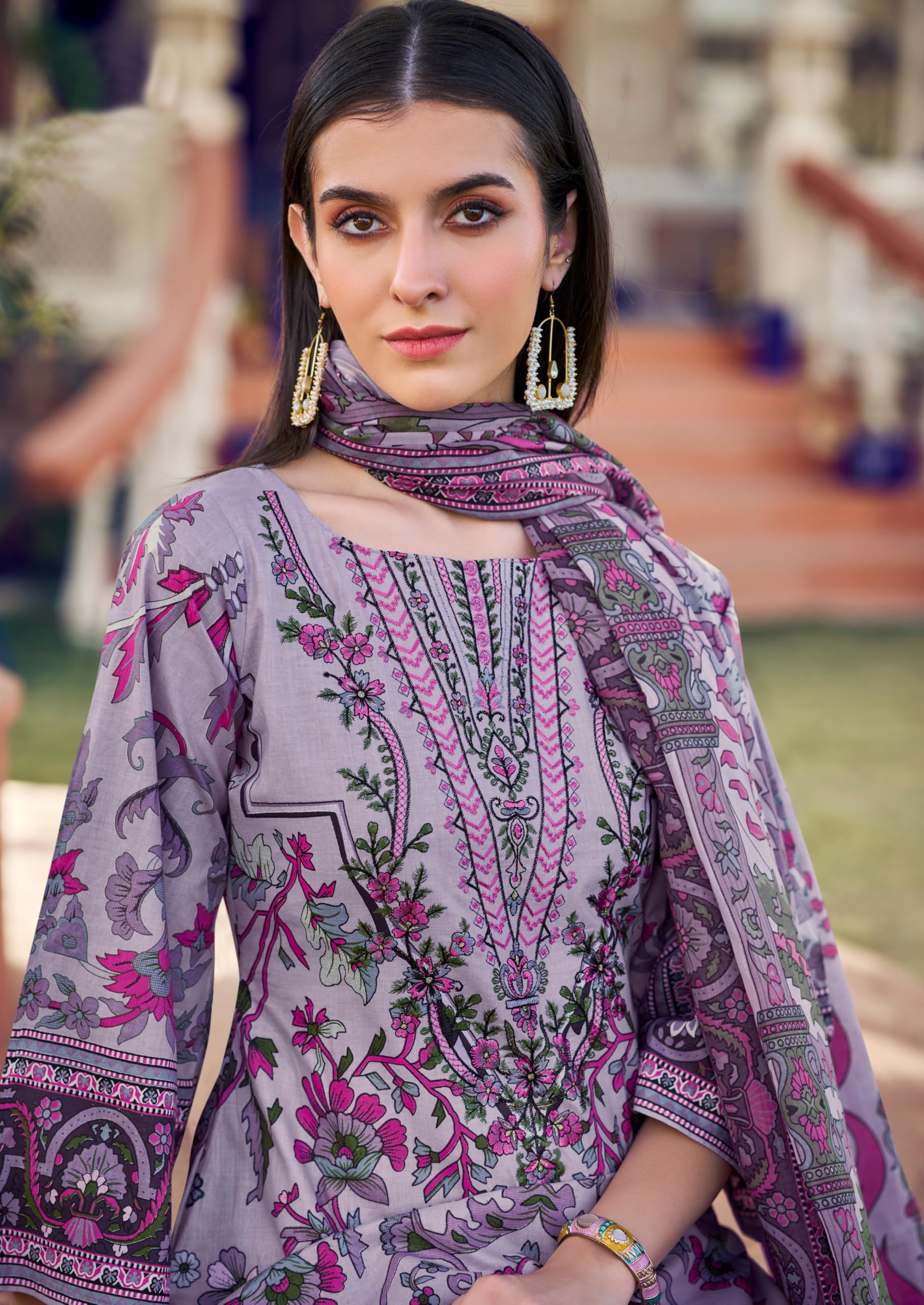 DRAVINAM Trends Pure Cotton Digital Print Pakistani Embroidered Suit Dress Material with Unstitched Bottoms and Cotton Dupatta