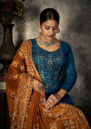 DRAVINAM Trends Women's Unstitched Winter Wear Spun Wool Embroidered Printed Palazzo Salwar Suit Dress Material with Spun Printed Shawl Dupatta (Yellow)