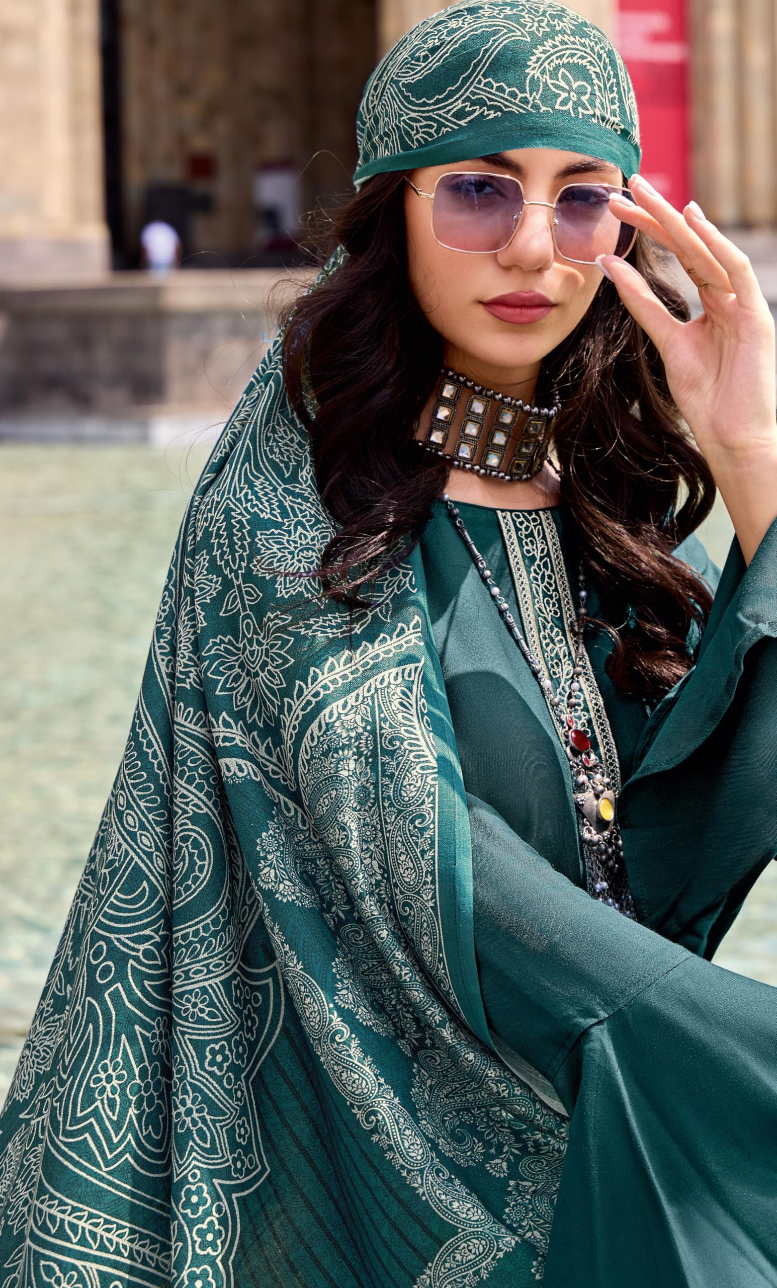 DRAVINAM Trends Women Unstitched Pashmina Salwar Suit Set 100% Pure Viscose Pashmina Wool Winter Wear Fabric Top With Elegant Embroidery, Plain Bottoms & Pashmina Digital Wool Shawl,Free Size, Blue