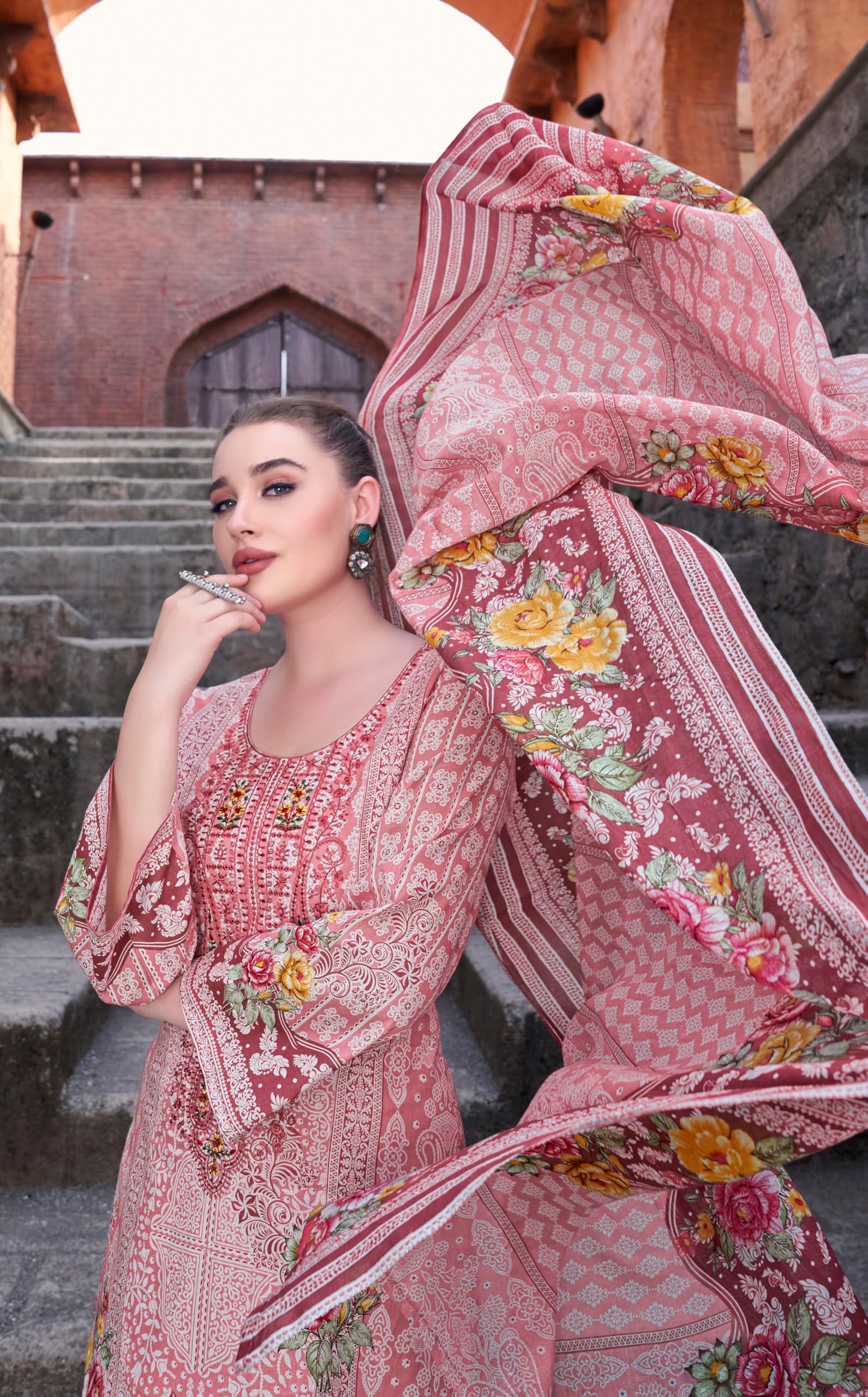 DRAVINAM Trends Unstitched Pakistani Embroidered Pure Cambric Cotton Salwar Suit Dress Materials with Cotton Dupatta