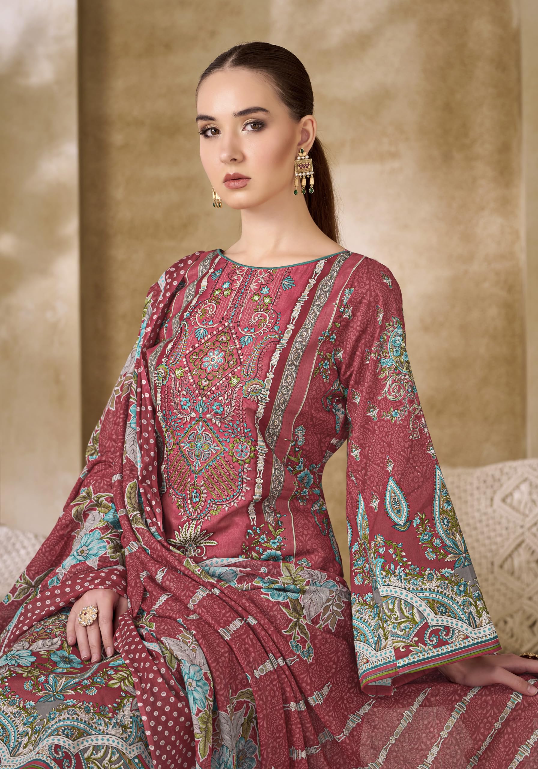 DRAVINAM Trends Unstitched Pakistani Embroidered Pure Cambric Cotton Salwar Suit Dress Materials with Cotton Dupatta