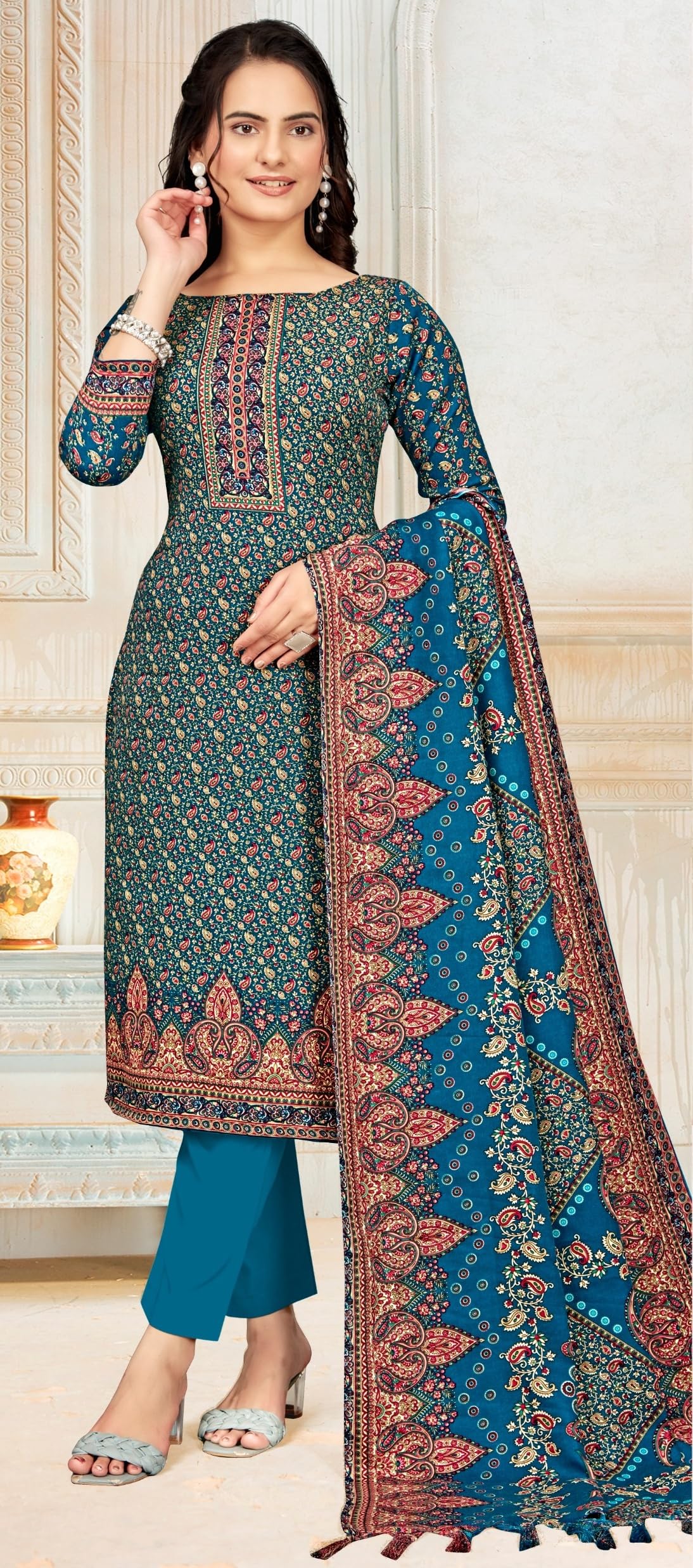DRAVINAM Trends Women's Unstitched Winter Wear Kaani Digital Printed Heavy Woolen Pashmina Salwar Suit Dress Material with Printed Shawl Dupatta
