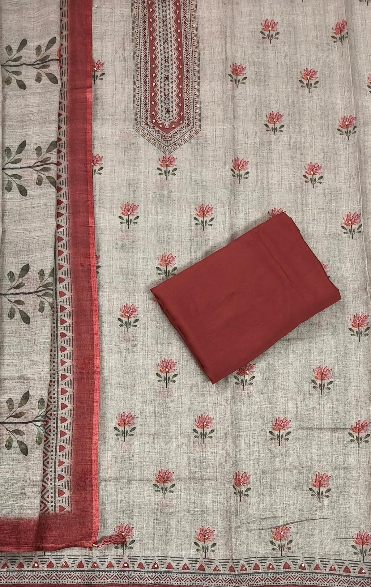 DRAVINAM Trends Women's Linen Cross-Stitch Floral Print Unstitched Salwar Suit Dress Material with Malai Cotton Bottom & Linen Dupatta