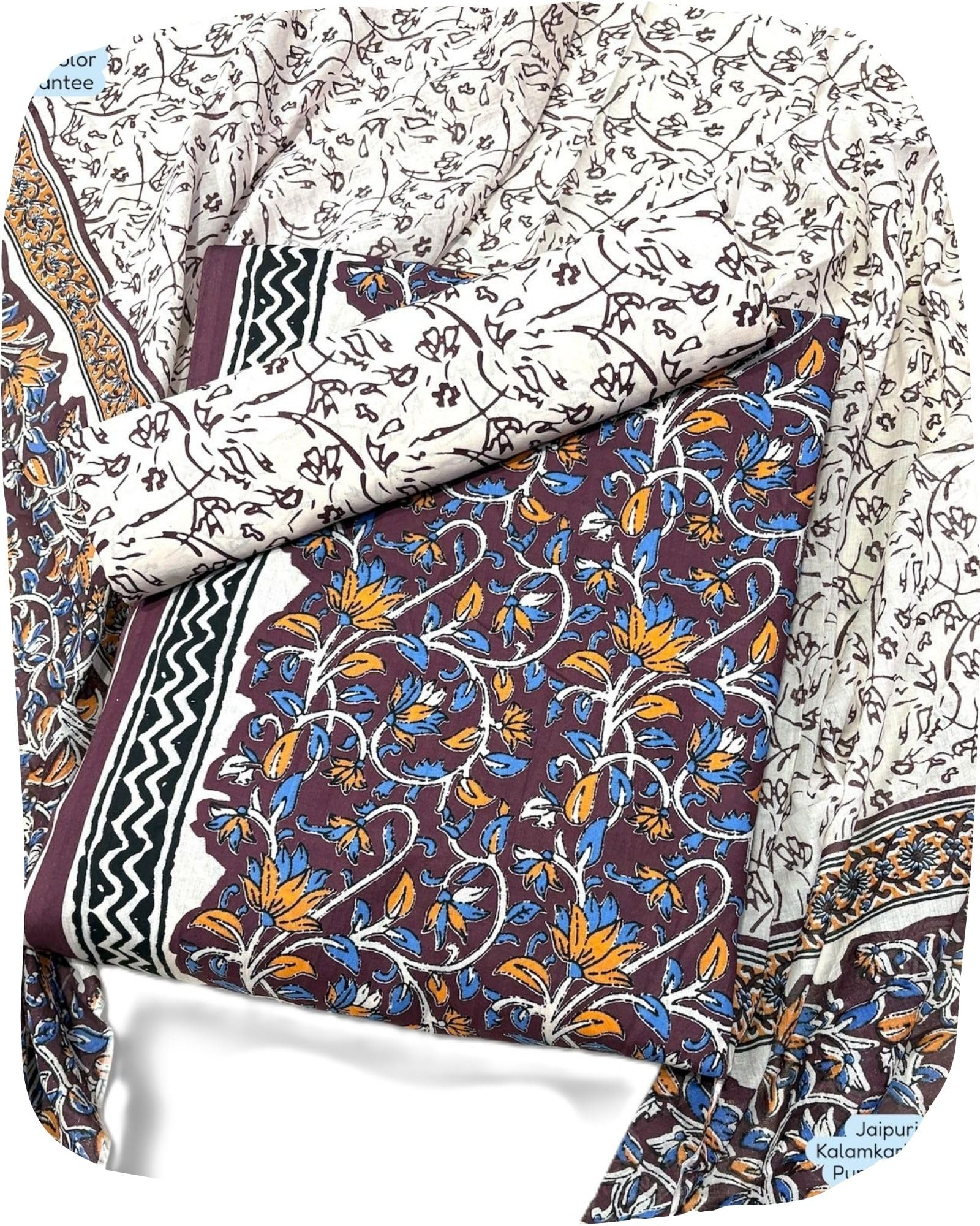 DRAVINAM Trends Unstitched Jaipuri Handmade Traditional Kalamkari Print Soft Cotton Dress Material with Cotton Dupatta