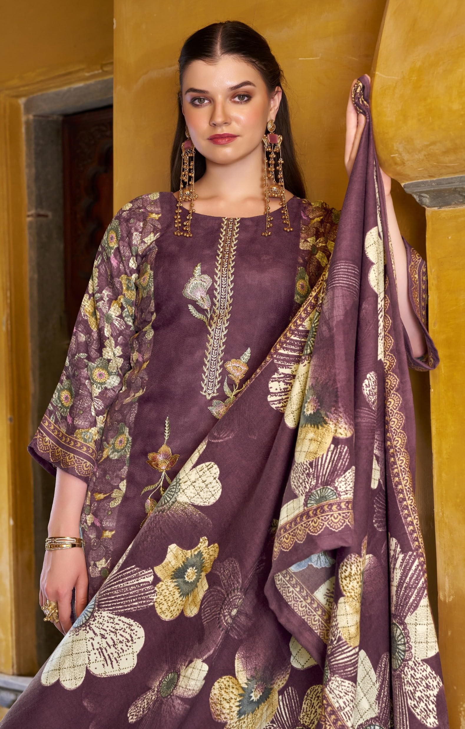 DRAVINAM Trends Women's Winter wear unstitched Printed Woollen Pashmina Embroidery Work Unstitched Salwar Suit Dress Material with Pashmina Printed Shawl Dupatta