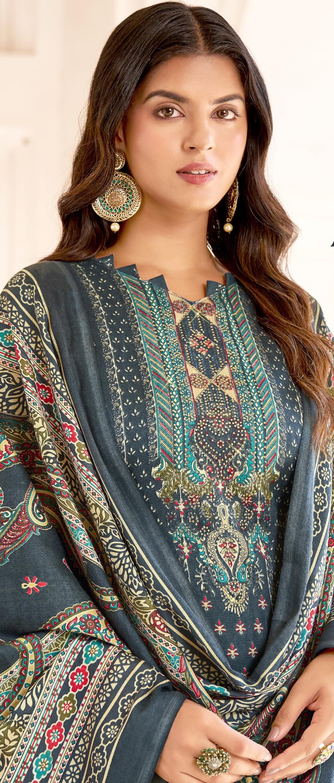 DRAVINAM Trends Women's Unstitched Woolen Kashmiri Printed Siroski Work Winter wear suits for women with Shawl