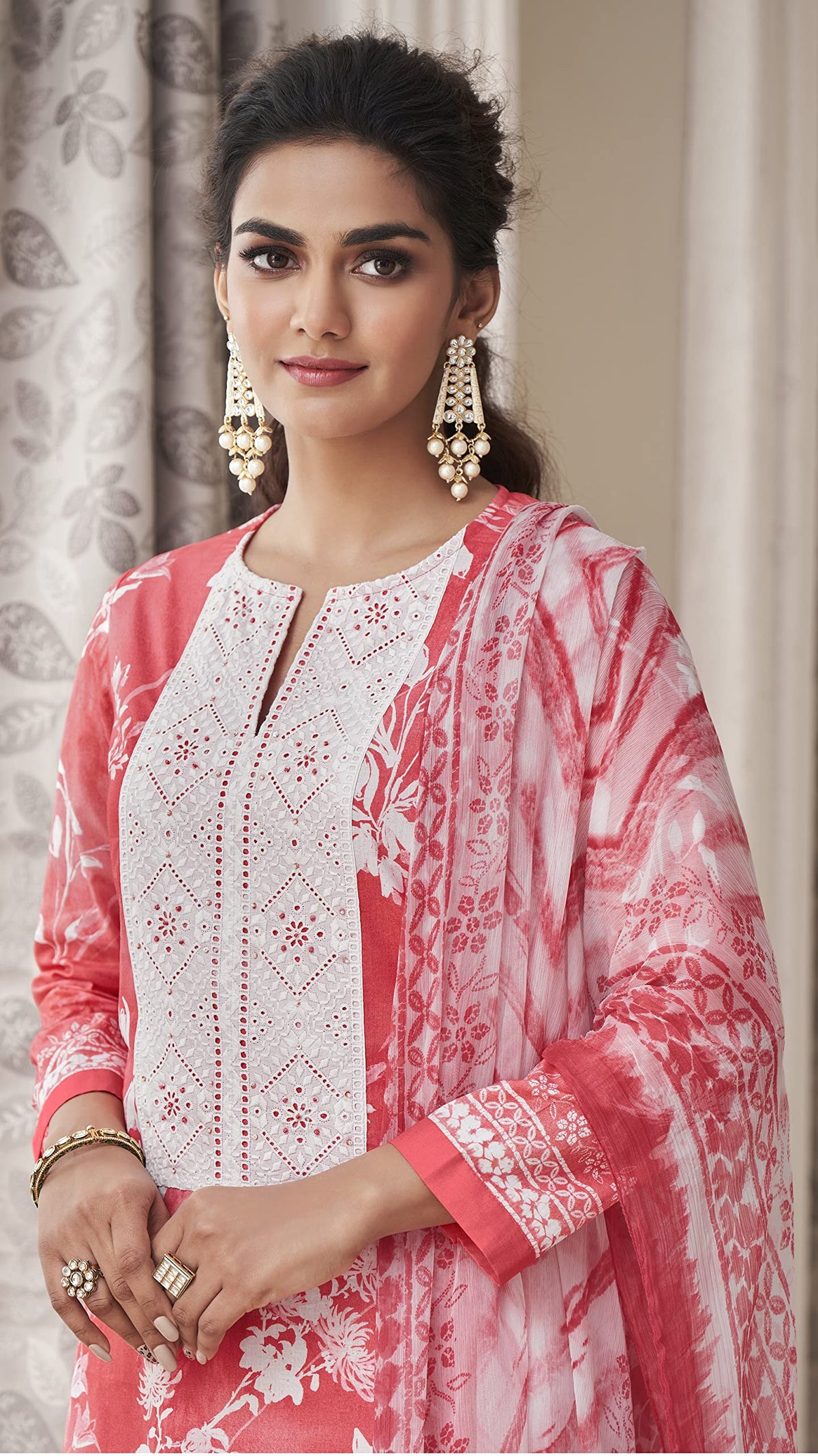 DRAVINAM Trends Women's Unstitched Digital Print Schiffli Chicken Work Pure Cotton Cambric Salwar Suit Dress Material with Digital Printed Bamber Half Pure Dupatta (Pink)