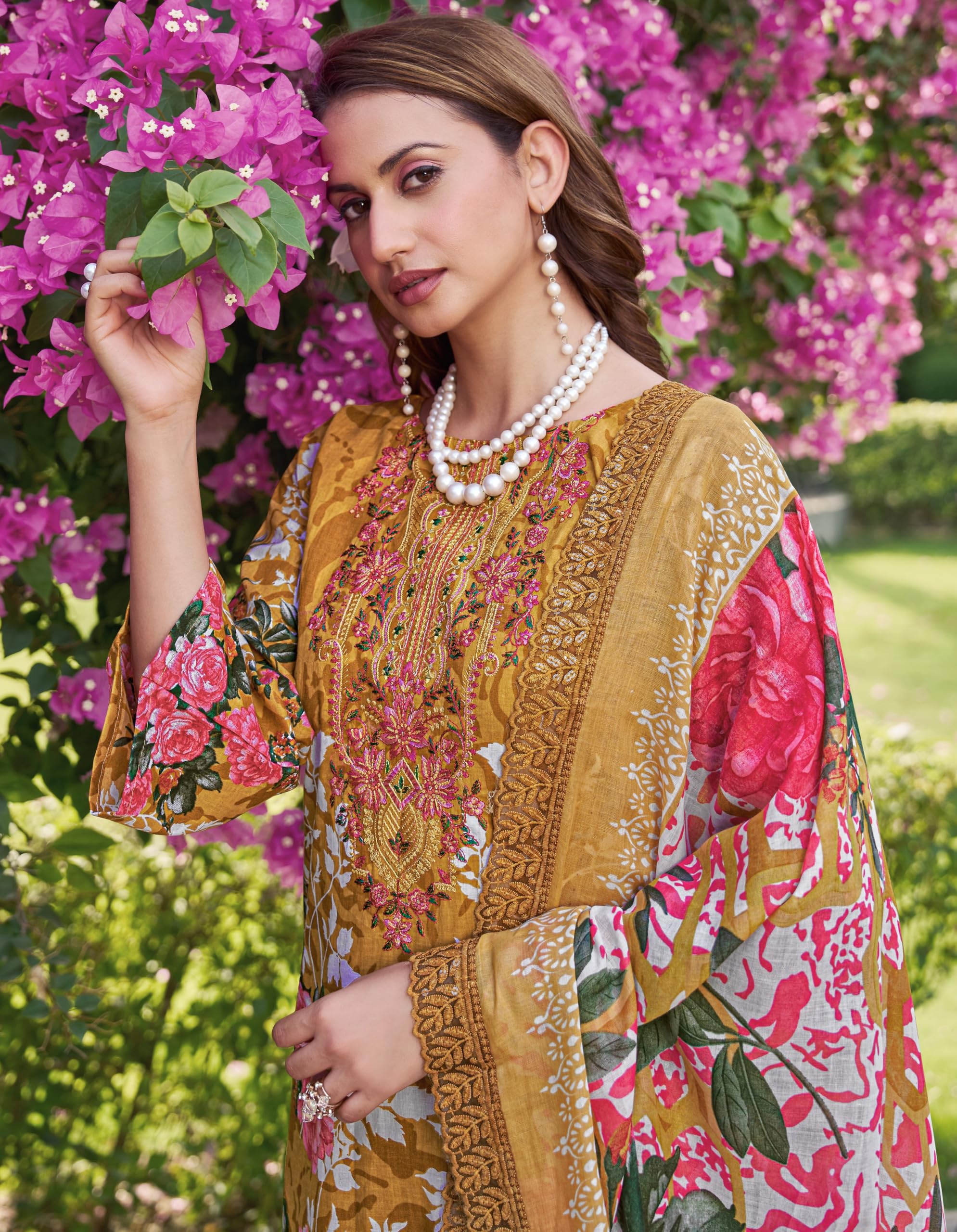 DRAVINAM Trends Pure Cambric Cotton Pakistani Embroidered Suit Dress Material with Unstitched Bottoms and Cotton Dupatta