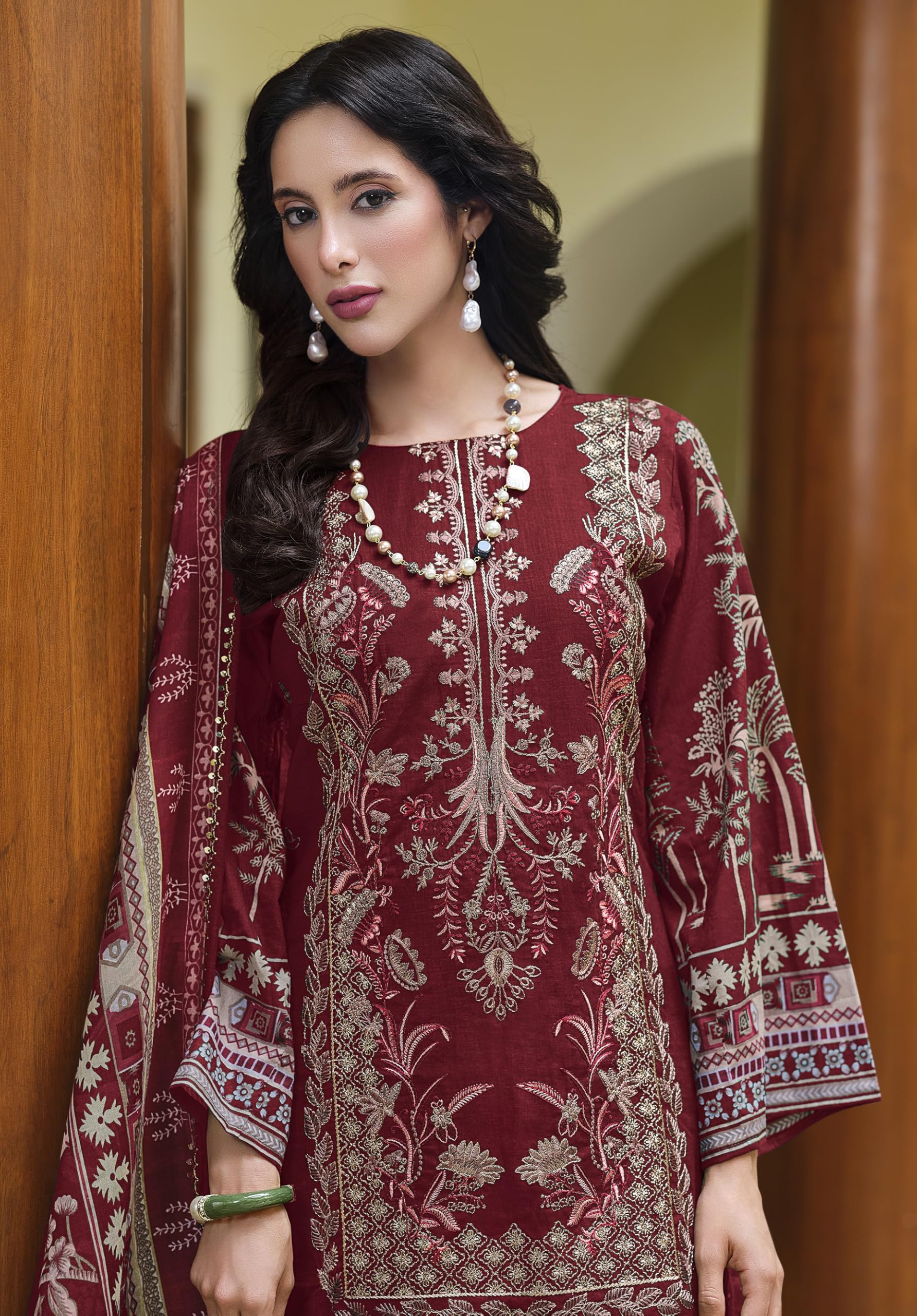 DRAVINAM Trends Women's Unstitched Cotton Salwar Suit Dress Material - Pure Cotton Heavy Embroidered Kameez II Unstitch Bottoms II Mal Mal Dupatta